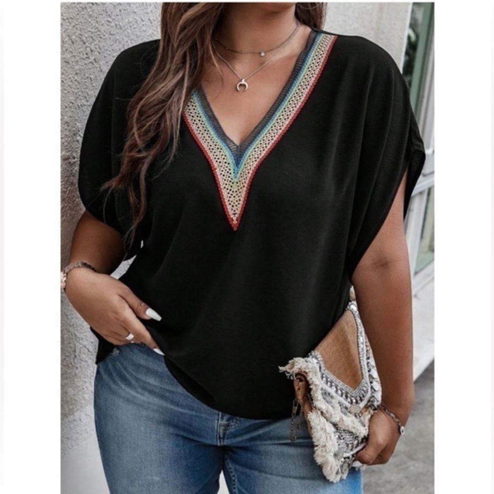 Black Knit Colorful Crocheted V-Neck Short Sleeve Blouse Lg